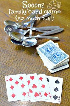 spoons, forks and playing cards on a table with the words spoons family card game so much fun