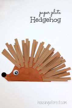 a paper plate hedgehog craft is shown on a white background with the words paper plate hedgehog above it