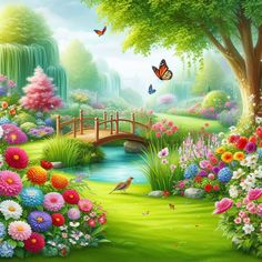 a beautiful garden with flowers and a bridge in the middle is featured on this wallpaper