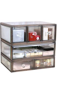 Hersoo Antique Spacious Mirror Glass Drawers Set/ Brass Metal Cosmetic Makeup Storage /Stunning Jewelry Cube Organizer. It Consists of 3Separate Organizers with Lid-Display Dustproof All Natural Makeup, Types Of Makeup, Cube Organizer, Beauty Storage, Natural Sunscreen, Mineral Powder, Wrinkled Skin, Gift Finder, Unique Gift Ideas