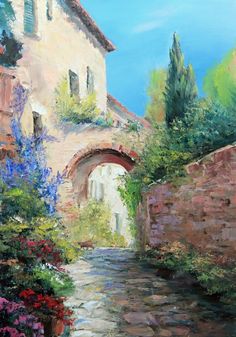 an oil painting of a garden with flowers and a stone path leading to a building