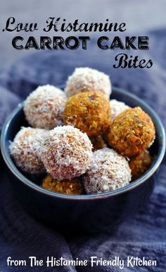 a bowl full of carrot cake bites on top of a blue cloth with the title overlay