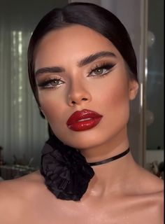 Red Lip Makeup Look Green Eyes, Red Full Face Makeup, Casino Theme Makeup, Soft Glam Makeup Red Lips, Red Themed Makeup, Makeup With Pop Of Color, Red Fairy Makeup, Dark Red Lip Makeup Look, Smokey Eye With Red Lips