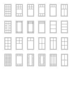 a large set of windows and doors on a white background, each with different panes