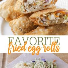 fried egg rolls with coleslaw and slaw on the side are shown in this collage