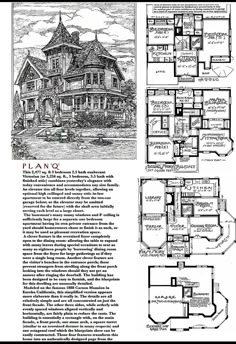 an old house with plans and pictures on the front, side and back pages in black ink