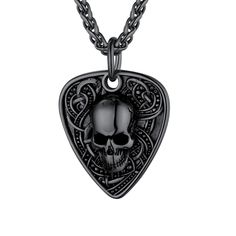 PRICES MAY VARY. 🎸 💀 Creative Guitar Pick Pendant with Skull, rock and punk jewelry for men and women. Necklace Material : surgical Stainless Steel based, vacum plated with Thick black metal, robust, easy to maintain and lasting color, lead free, nickel free, hypoallergenic ! polished finish rope chain and textured pendant front side. Dimension : Guitar Pick measures 1.45" x 1" /35 x 26mm, 6mm thick ; Chain width 3mm, length 22"+2 inches extension link. Necklace weight 27 grams. Punk Rock Neck Necklace Men Gold, Pick Necklace, Guitar Pick Necklace, Rock Necklace, Musical Jewelry, Musica Rock, Gothic Skull, Gothic Necklace, Necklace Men