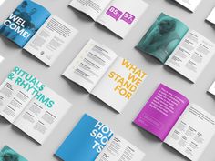 an assortment of brochures with different colors and font on the front, back and sides