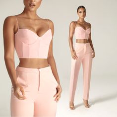 The prettiest, most romantic color 🌸 'Carla' top with 'Cleo' pants. www.Alieva.com Pink Crop Top With Built-in Bra, Feminine Fitted Crop Top With Built-in Bra, Cropped Top With Built-in Bra And Fitted Bodice, Fitted Cropped Crop Top With Built-in Bra, Feminine Crop Top For Party, Party Crop Top With Fitted Bodice, Fitted Bodice Crop Top For Party, Fitted Cropped Bodice Crop Top For Party, Cropped Tops With Boned Bodice For Night Out