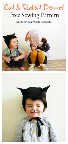 two pictures of children wearing costumes with cats on their heads and the same child's face