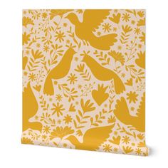 a yellow and white wallpaper with birds, flowers and leaves on it's side