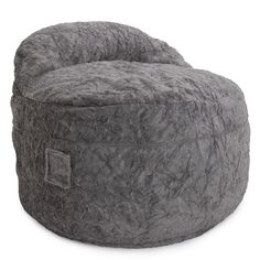 a grey bean bag chair sitting on top of a white floor