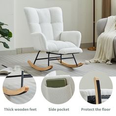 the rocking chair is white with black legs and wooden feet, which are also in different positions