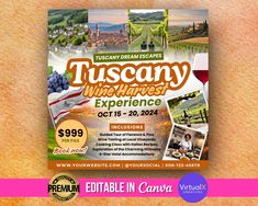 a flyer for the tuscany wine harvest experience