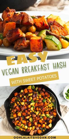 vegan breakfast hash in a skillet and served on a plate Wfpb Breakfast Ideas, Plant Based Whole 30 Breakfast, Kids Vegan Breakfast, Savory Vegan Breakfast Ideas, Vegan Breakfast Recipes Savory, Veggies For Breakfast Ideas, Vegan Breakfast Pastries, Easy Vegan Breakfast Recipes, Savory Vegetarian Breakfast