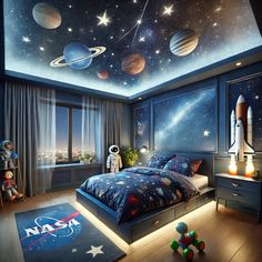 a bedroom with planets and stars painted on the ceiling