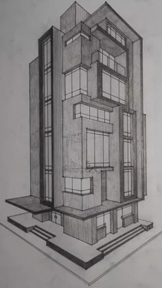 a drawing of a tall building with lots of windows