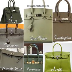 Hermes greens part 2 - color chart Fake Designer Bags, Perfect Handbag, Shopping Chanel, Hermes Paris, Coach Swagger Bag, Hermes Bag