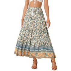 This floaty printed skirt makes a great vacation choice. Full of boho charm, this flowy, floral-printed maxi is styled with tassels drawstring waist. Made from rayon, the piece comes with a maxi length and presents a single-tier styling that reinforces the boho-chic feel. Team with flat sandals and a tucked-in relaxed shirt or peasant top. Measurement (in inches) International Size----------Waist Girth----------Total Length XS-------------25 1/4--------------35 S---------------26 3/4------------ Casual Maxi Skirts, Boho Tassels, Casual Maxi Skirt, Long Floral Skirt, Flowy Maxi Skirts, Knit Midi Skirt, Printed Skirt, Long Skirts For Women, Boho Skirts