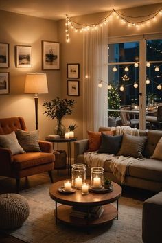 a living room filled with lots of furniture next to a window covered in christmas lights