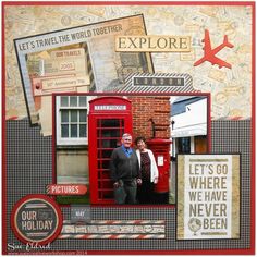 a man and woman standing in front of a red phone booth