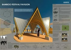 an architectural rendering of the bamboo festival pavilion, with information about its structure and details