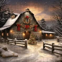 a painting of a barn with a christmas tree in the snow