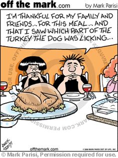 a cartoon depicting two people sitting at a table with a turkey in front of them