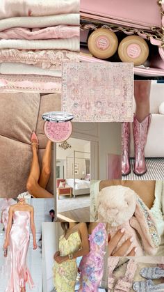 a collage of pink and white images with different items