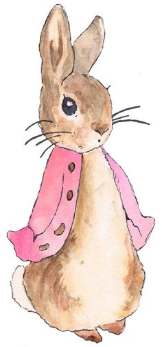 a watercolor painting of a rabbit wearing a pink scarf