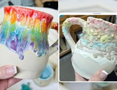 two pictures with different types of pottery and one is holding a coffee mug that has been painted