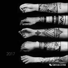 four different types of tattoos on both arms and legs, one is black and white