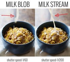 two pictures showing different stages of milk being poured into a bowl with cereal in it