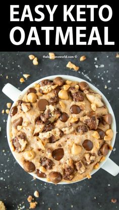 an easy keto oatmeal recipe in a white bowl with chocolate chips