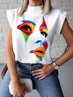 Artistic Asymmetric One-Shoulder Face Printed Tunic Blouse Painted Tops For Women, Fabric Paint On Shirts Ideas, Tshirt Unique Design, Abstract Art On Clothes, Tishert Design Idea, White T Shirt Design Ideas, Trendy Asymmetrical Hem Blouse, Chic Crew Neck Blouse With Graphic Print, Casual Party Blouse With Graphic Print