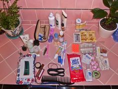 the contents of a purse are laid out on the counter next to a potted plant