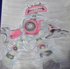 a drawing of a pink robot with many eyes