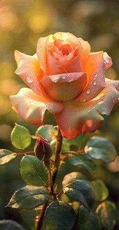 an orange rose with water droplets on it's petals in the morning sun light