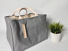 a gray bag next to a white potted plant