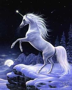 a white unicorn standing on its hind legs in front of a night sky with stars and clouds