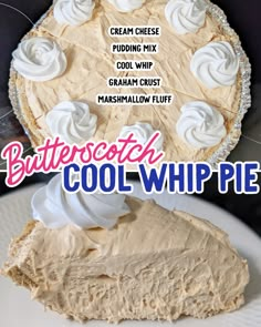 a white plate topped with a pie covered in whipped cream