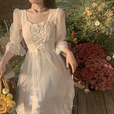 Lasaky - White Tea-Length Dress for a Sophisticated Look Keira + Core + Aesthetic, Korean Elegant Dress, Clara Core, White Tea Length Dress, Vintage Dresses Victorian, Dream Daughter, Gaun Abad Pertengahan, Summer Fairy, Princess Fairy