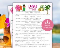 the menu for luau trivia is displayed next to an image of a drink