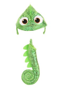 an image of a green seahorse hat with googly eyes on it's head