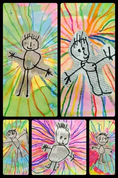 four different pictures of children's drawings on paper with colored crayons in the background