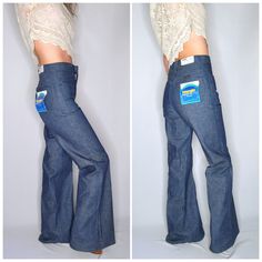 "Deadstock Wrangler Denim Jens BLUE BELL  High Waisted  Palazzo Bell Bottom Wide Legs  Pockets  Zip & Button Down on front  Long so perfect for a tall person and or wear with high heels :) Mint Deadstock Vintage Condition !!  Measurement approximately: Label :  Wrangler Blue Bell Casual Wear DEADSTOCK  Size: marked 29 x 34 BUT they are vintage size and 27\" waist   ( Please Refer to measurements !to insure best fit! ) Fabric: denim 100% cotton - strong thick-ish new but old so kind of stiff a bit until you'll wear and wash  Waist 13 1/2\" so a 27\" waist  Hips: 17 3/4\"  Length 44\"  Inseam: 34\" Rise : 10 1/2\" Measurements are taken with the garment laying flat. Please double the specs for the armpits & waist  Sale Terms & Methods of Payment: * AS IS - ALL SALES ARE FINAL  * Please Read Wrangler Pants, Wrangler Jeans, Star Shoes, Bell Bottom Pants, Leg Pants, High Waisted Pants, Bell Bottoms, Vintage 70s, Denim Jeans