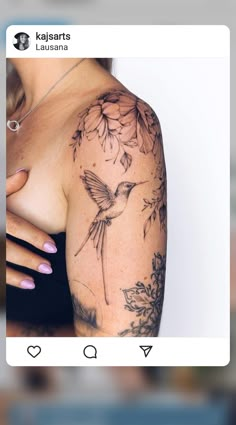 a woman's arm with tattoos on it, and an image of a bird