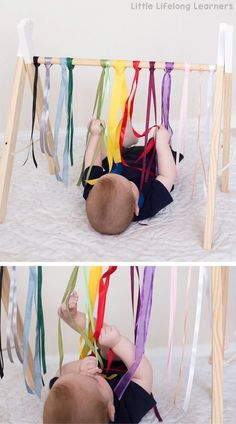 two photos of a baby playing on the floor with ribbons hanging from it's back