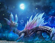 a dragon sitting in the grass with bubbles floating around it's body and wings