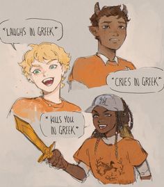 three young people with speech bubbles above their heads, one holding a baseball bat and the other wearing an orange shirt